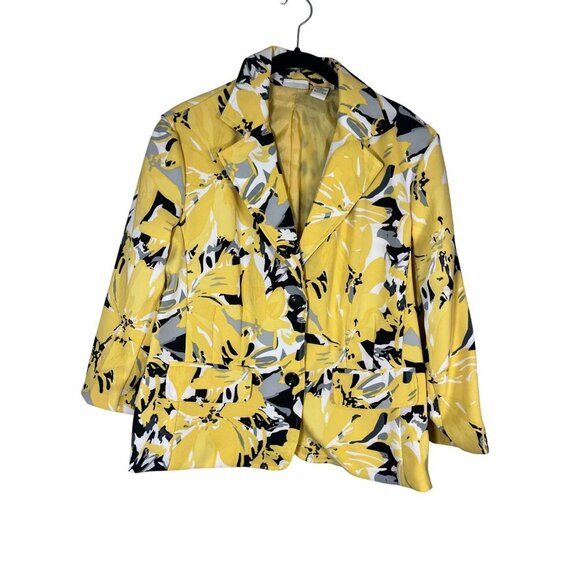 Kim Rogers Floral Jacket L Yellow Tropical Resort Preppy Old Money Classic Chic - Picture 1 of 13
